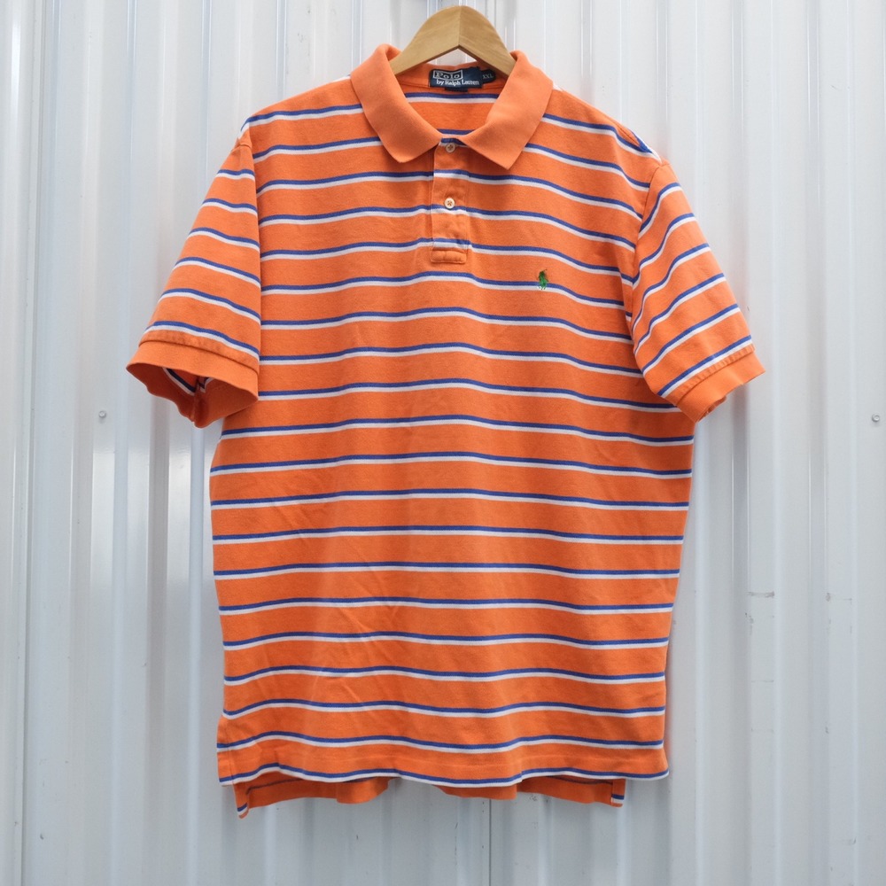 Polo‎ Ralph Lauren Mens XXL Orange Blue White Stripe Short Sleeve Polo Shirt